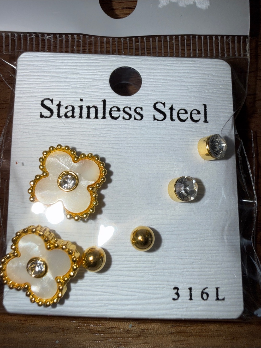 Gold & White Flower Stainless Steel Earring Set - 6 Pair